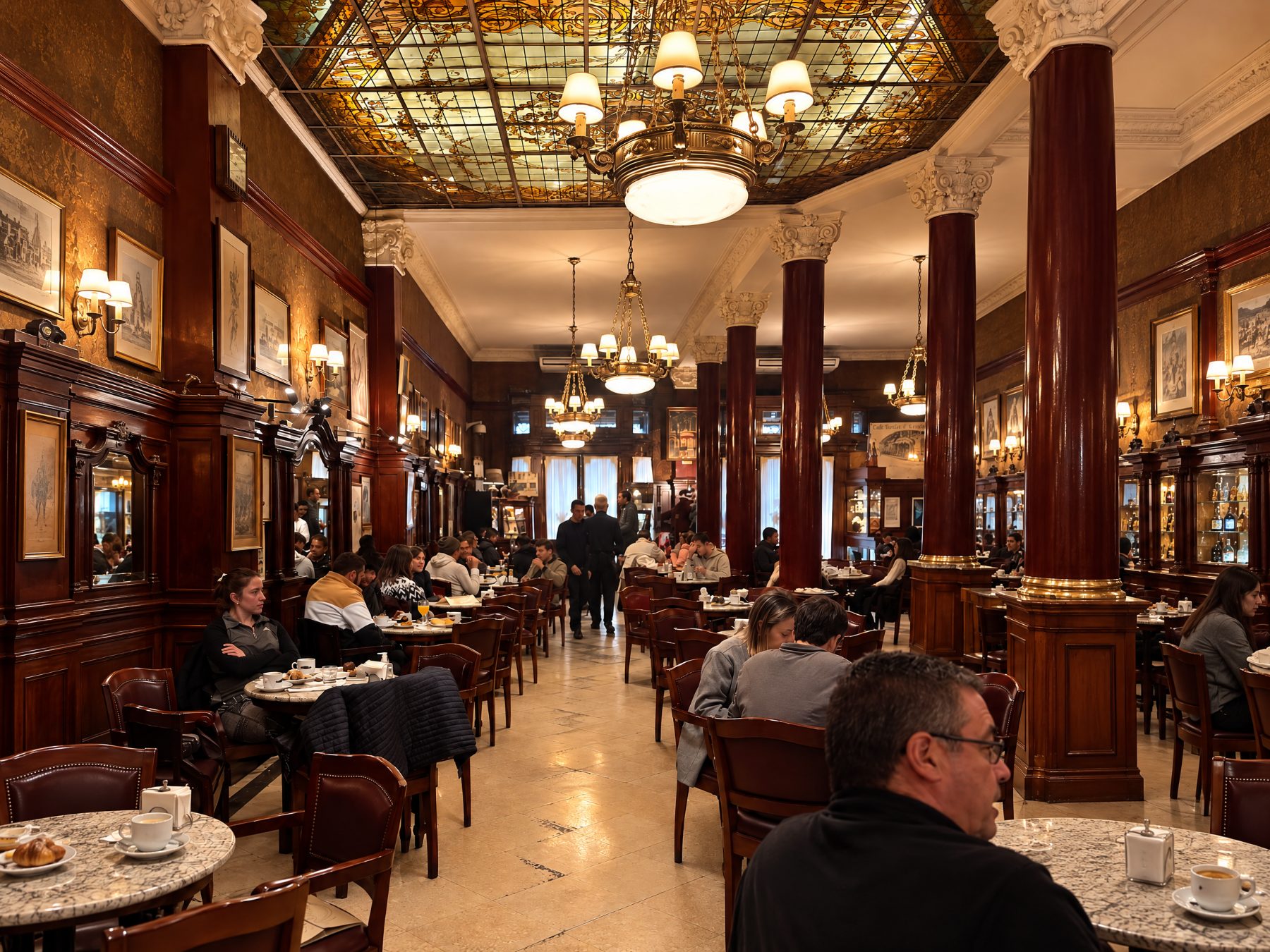 Salón principal del Tortoni con el vitral del techo