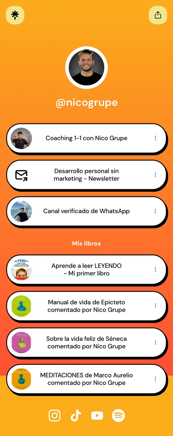 El Linktree actual de Nico Grupe en un celular: fondo naranja con botones blancos iguales