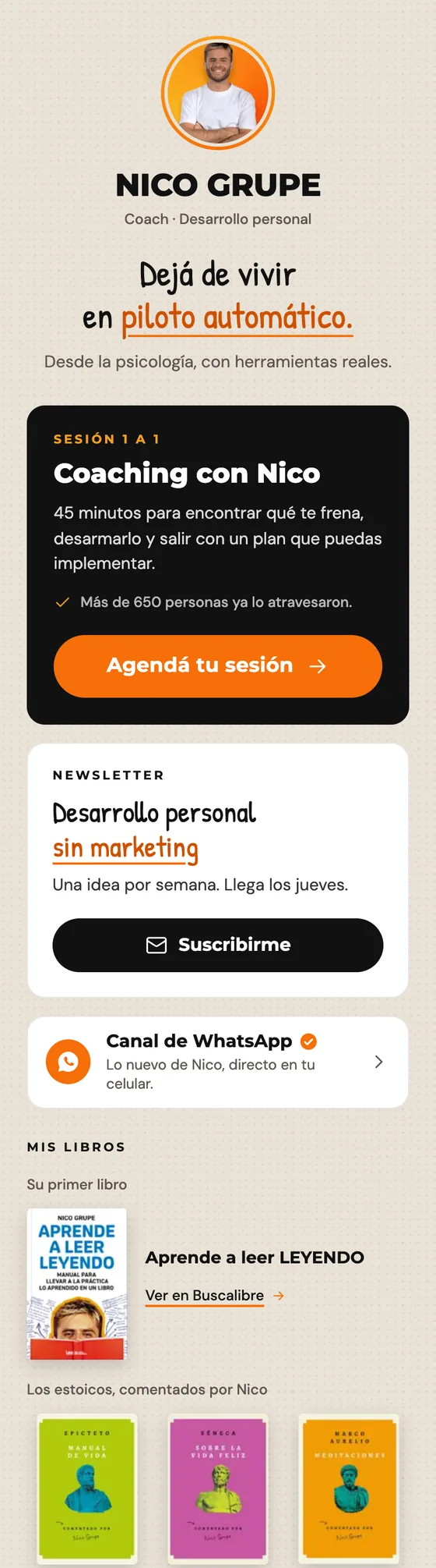 La página de links a medida para Nico Grupe: fondo crema, tarjeta negra de coaching destacada y newsletter